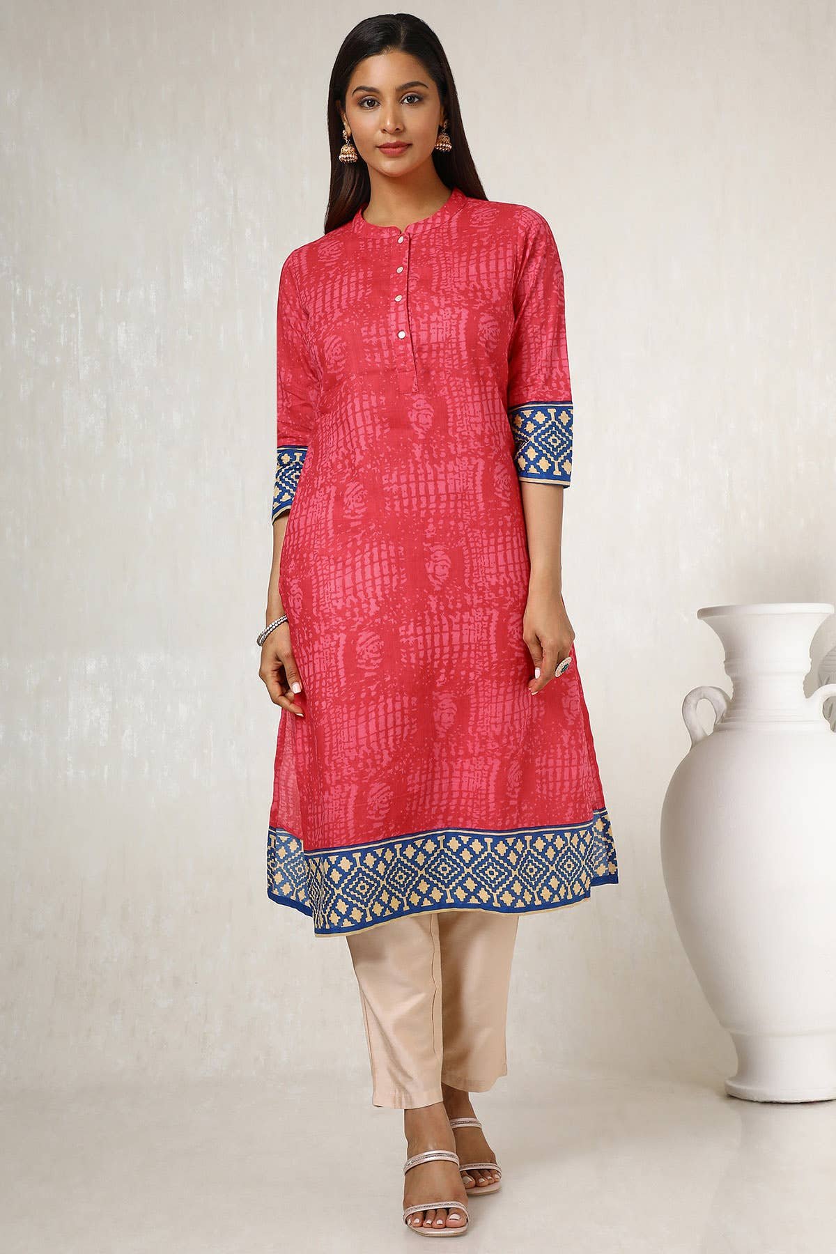 Fuchsia Cotton Blend Abstract Print Kurta